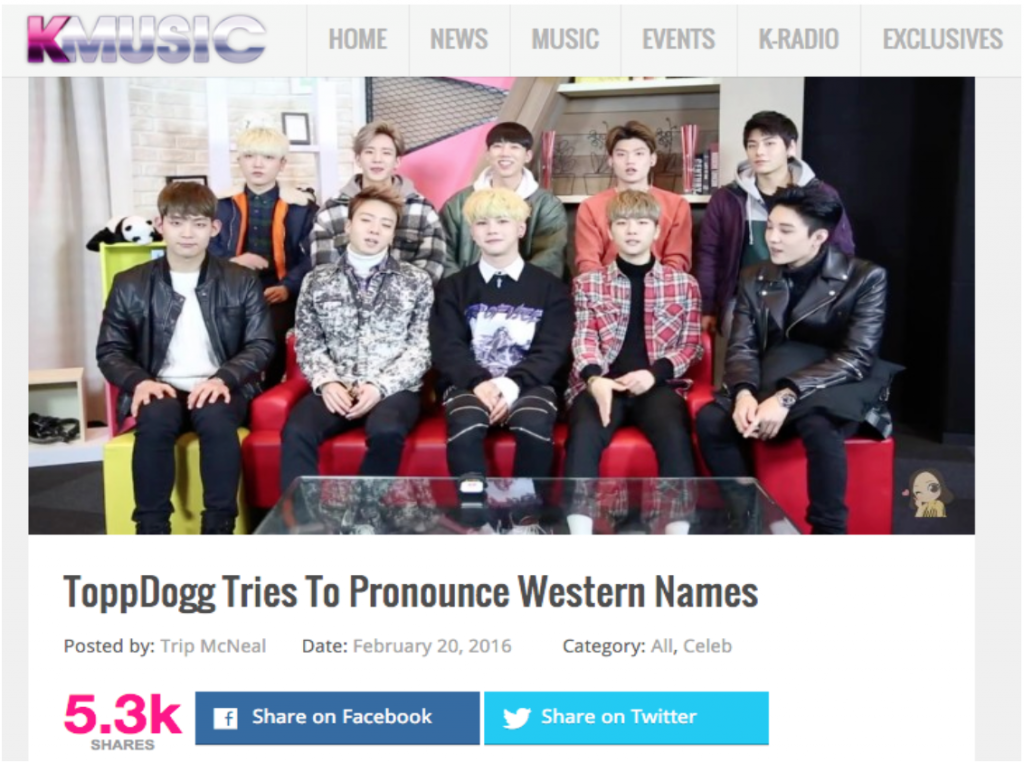 Megan Bowen’s recent video about the collaboration project called ‘Kpop Stars Pronounce Western Female Names’ done with Kpop boy group named ToppDogg – News from KMUSIC