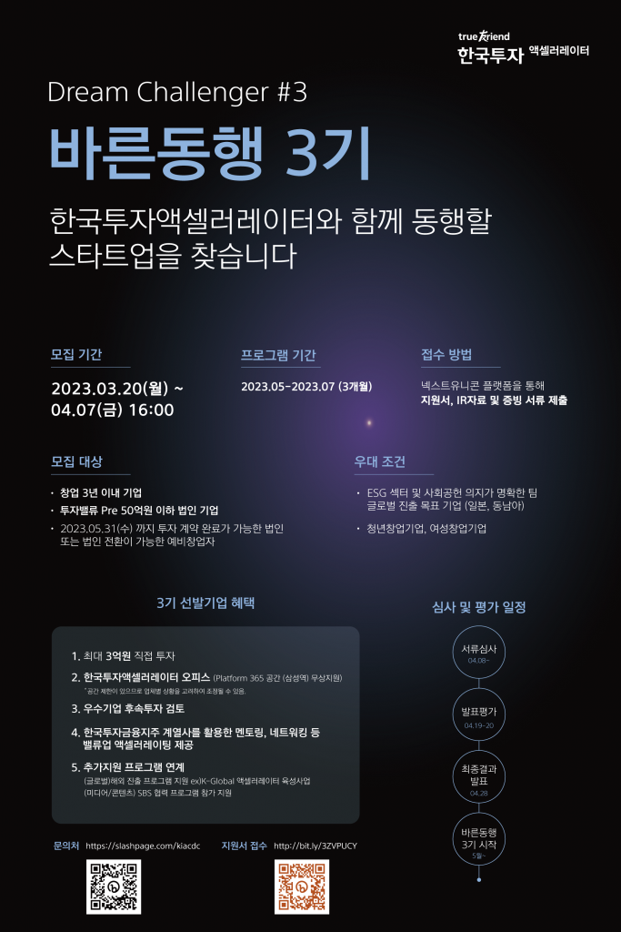 한국투자액셀러레이터, 액셀러레이팅 배치 프로그램 '드림 챌린저' 3기 모집