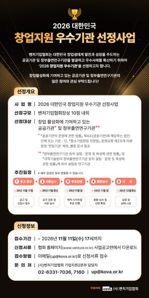 벤처기업협회, ‘2026 대한민국 창업지원 우수기관’ 공모…11월 11일까지 접수